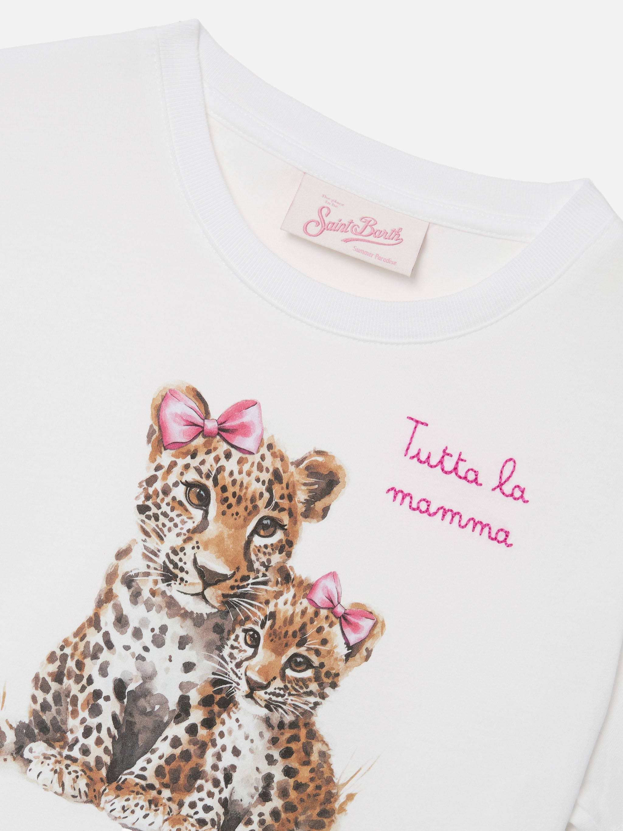 Elly T-Shirt White Cotton With Leopard Print And Tutta La Mamma Embroidery