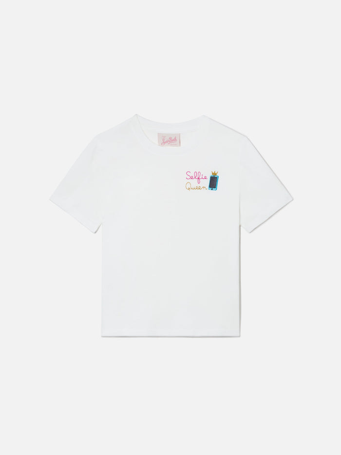 Elly T-Shirt White Cotton With Selfie Queen Embroidery