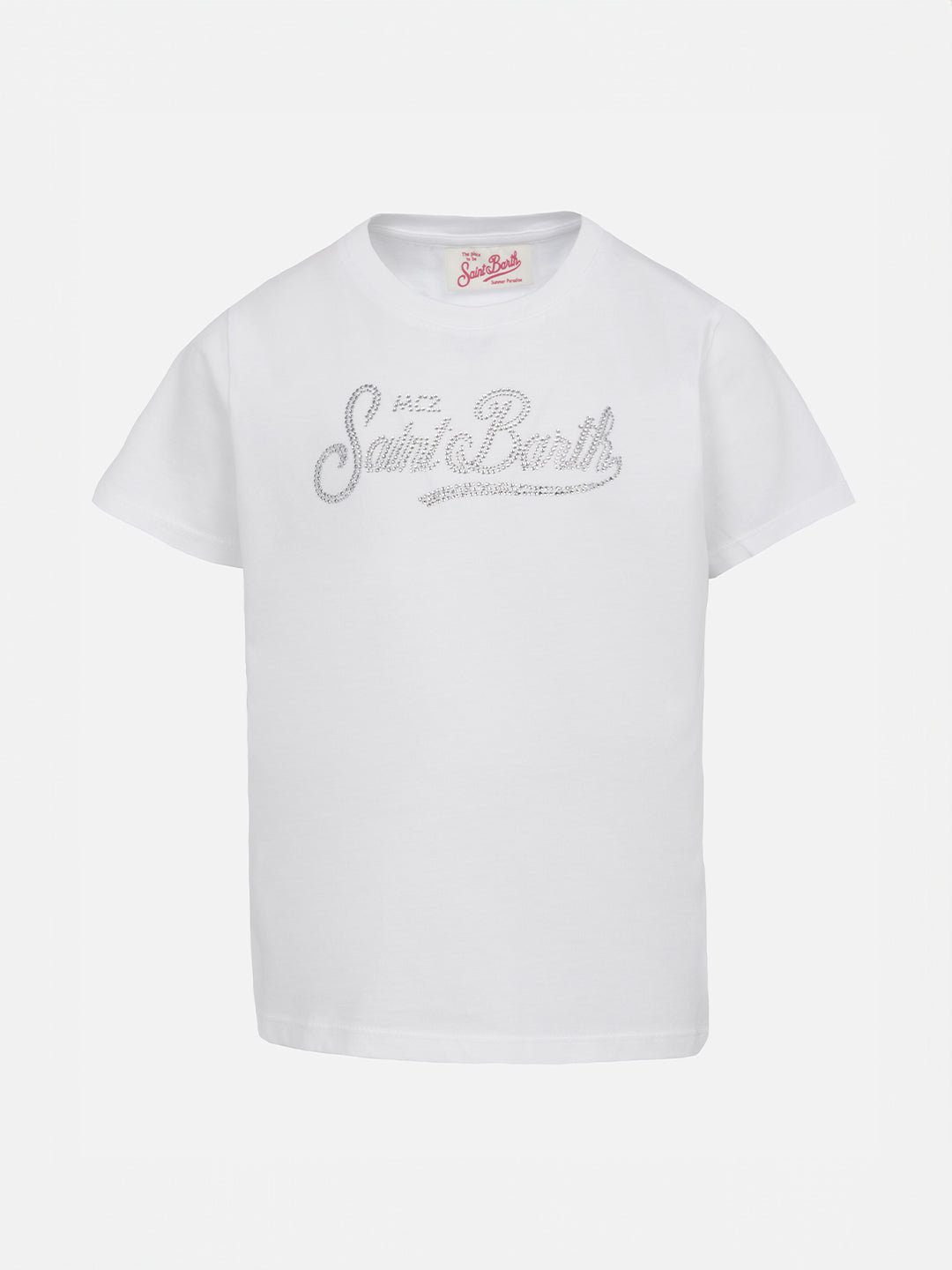 Girl Cotton Jersey Crewneck T-Shirt Elly With Saint Barth Rhinestone Embroidery White