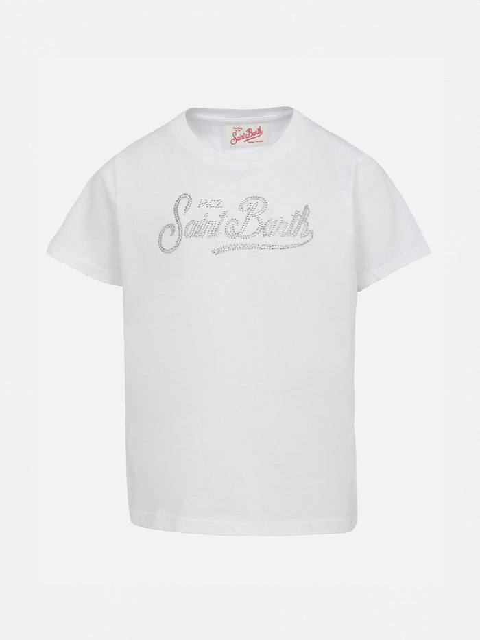 Girl Cotton Jersey Crewneck T-Shirt Elly With Saint Barth Rhinestone Embroidery White