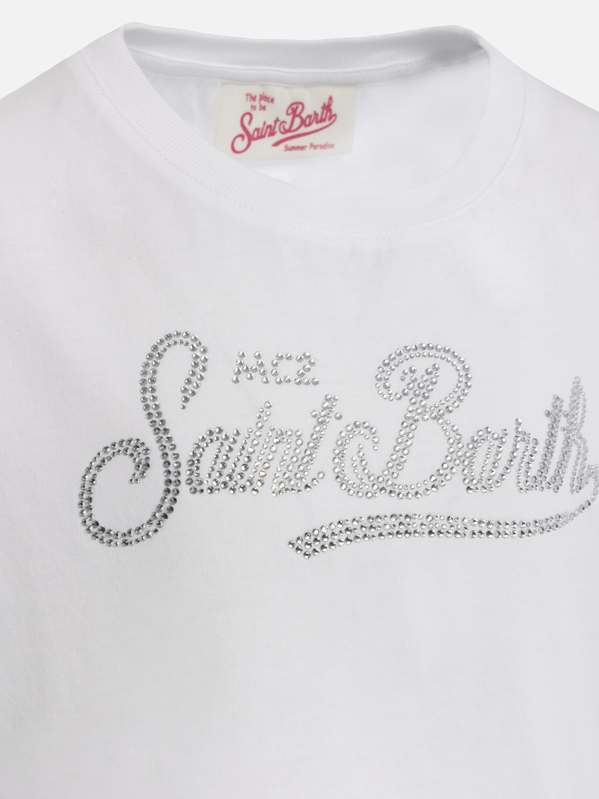 Girl Cotton Jersey Crewneck T-Shirt Elly With Saint Barth Rhinestone Embroidery White