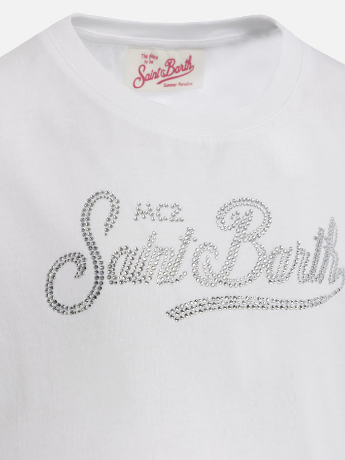 Girl Cotton Jersey Crewneck T-Shirt Elly With Saint Barth Rhinestone Embroidery White