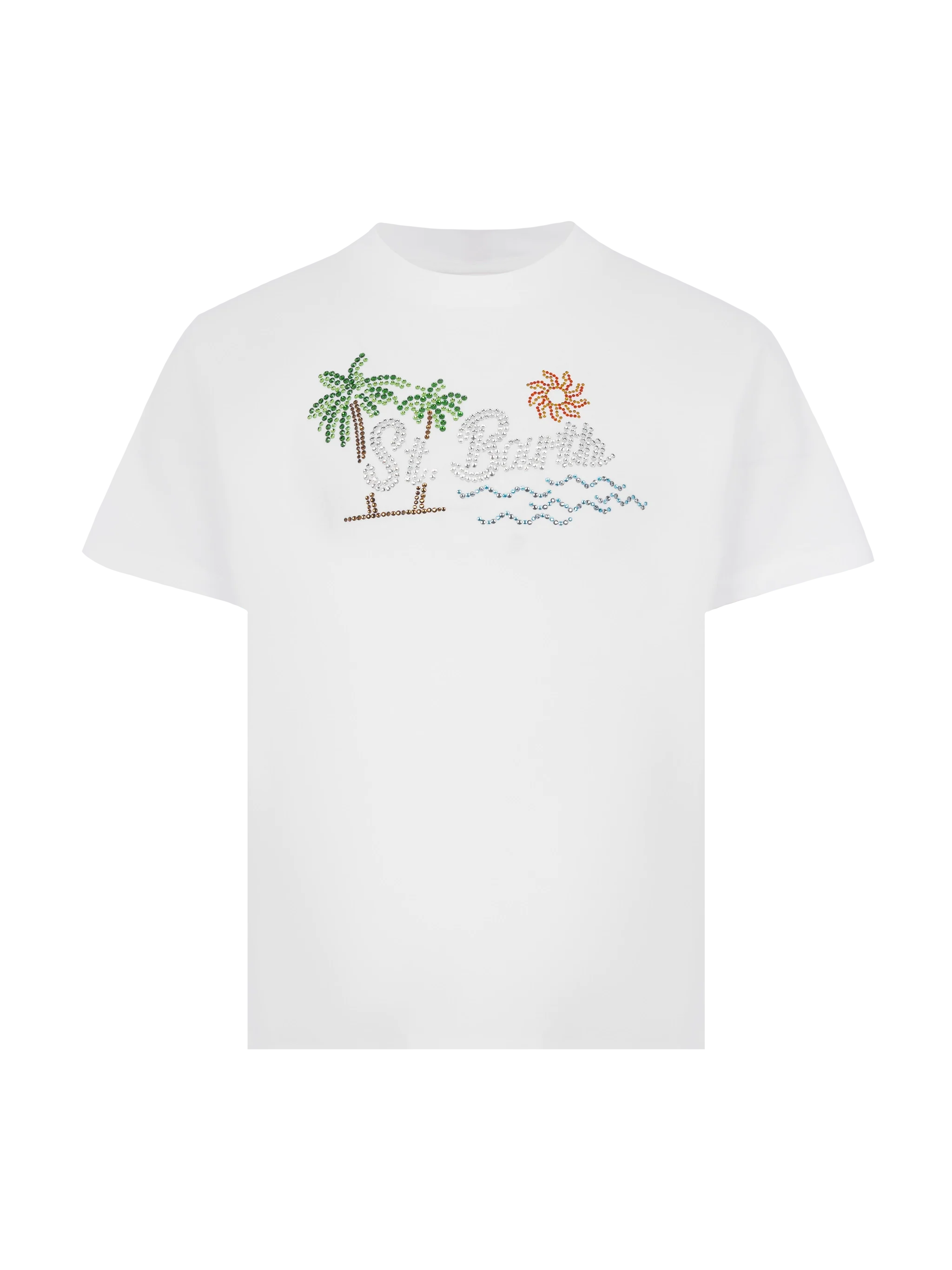 Elly Cotton Jersey Crewneck T-Shirt With Saint Barth Sunset Rhinestone Desgin White