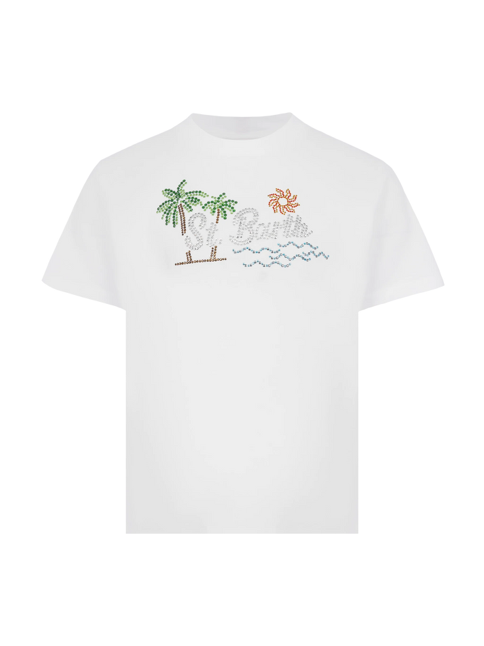 Elly Cotton Jersey Crewneck T-Shirt With Saint Barth Sunset Rhinestone Desgin White