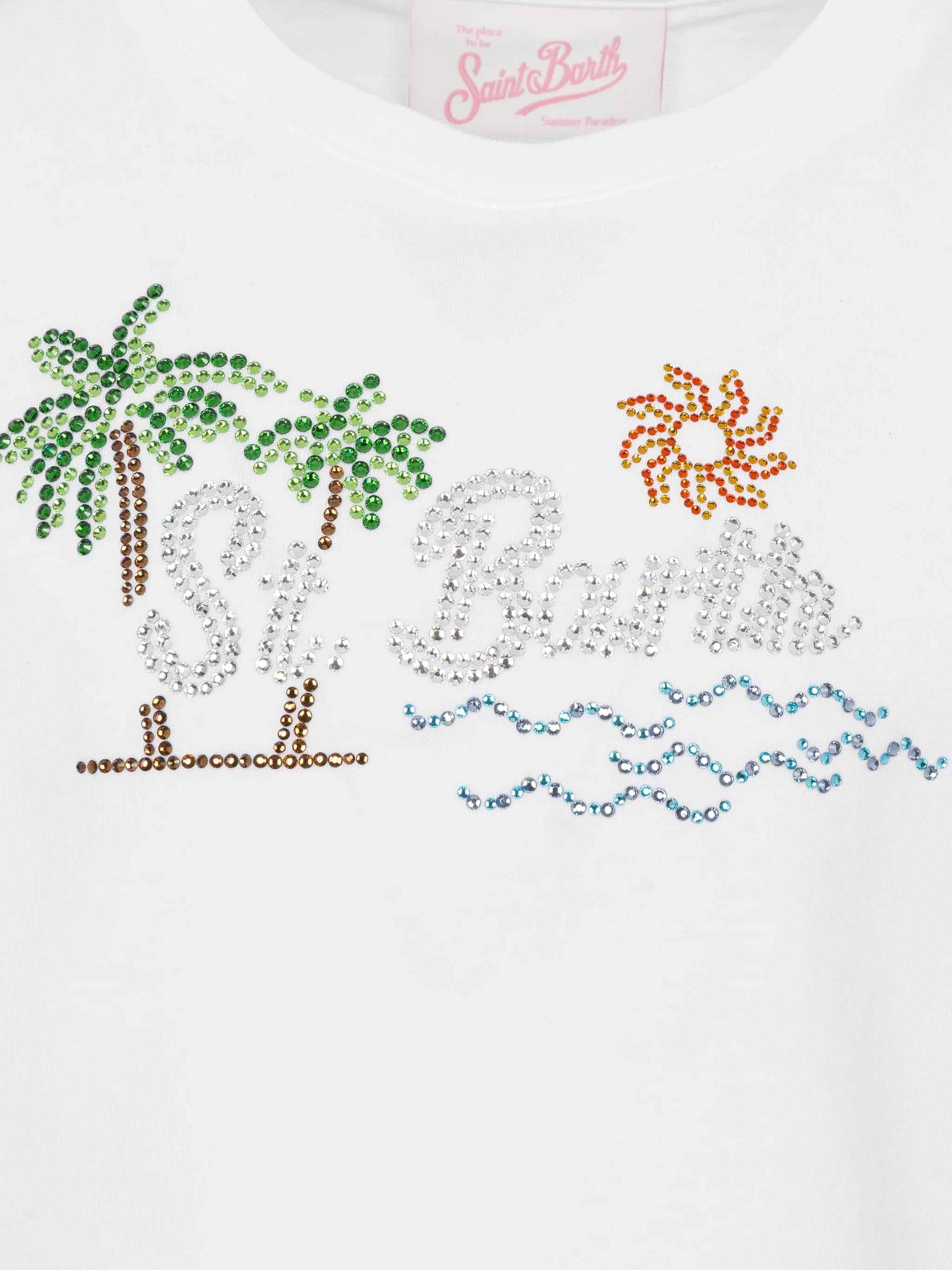 Elly Cotton Jersey Crewneck T-Shirt With Saint Barth Sunset Rhinestone Desgin White