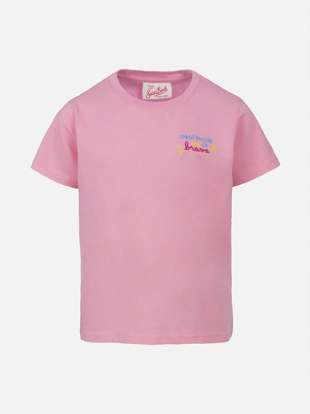 Girl Cotton Jersey Crewneck T-Shirt Elly With Oggi Faccio La Brava Embroidery Pink