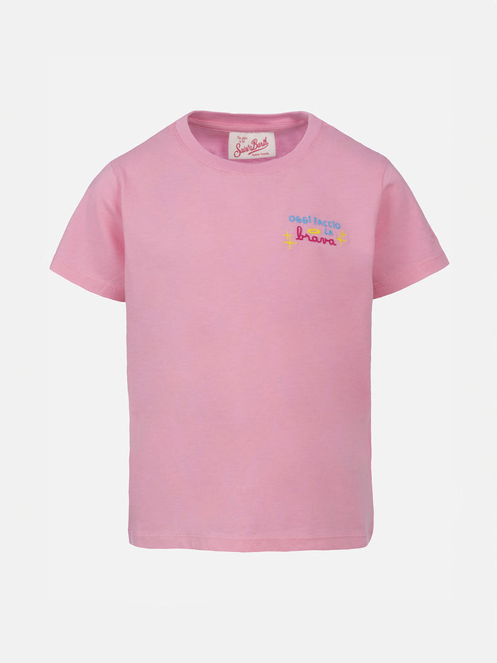 Girl Cotton Jersey Crewneck T-Shirt Elly With Oggi Faccio La Brava Embroidery Pink