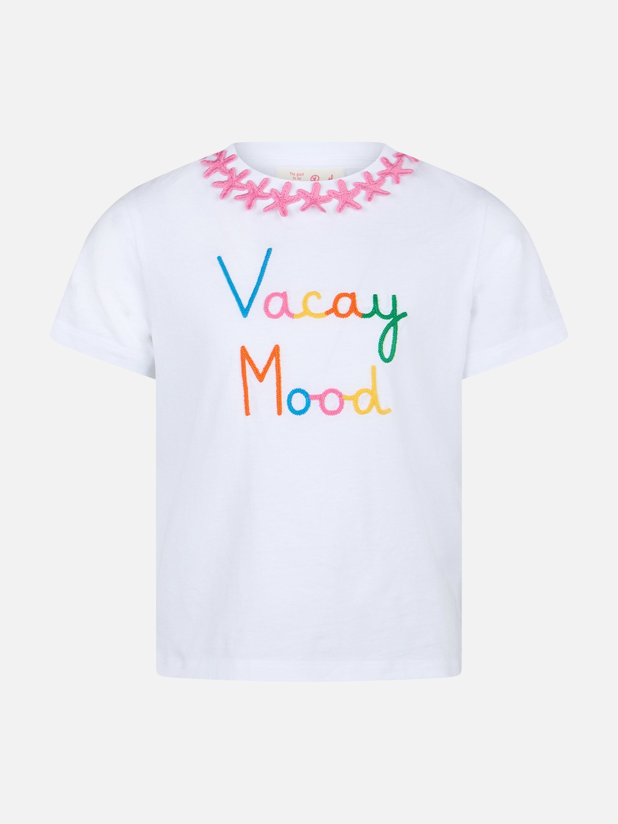 Girl Cotton Jersey Crewneck T-Shirt Elly With Vacay Mood Embroidery White