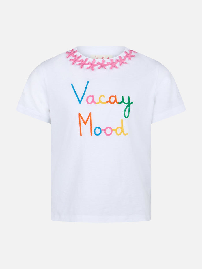 Girl Cotton Jersey Crewneck T-Shirt Elly With Vacay Mood Embroidery White