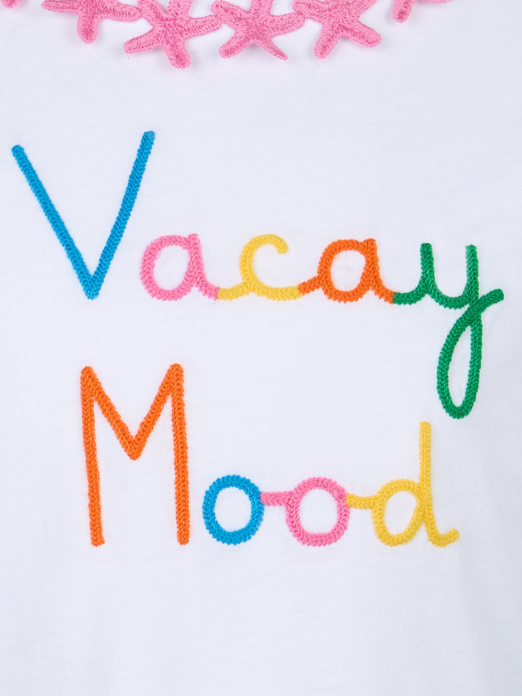 Girl Cotton Jersey Crewneck T-Shirt Elly With Vacay Mood Embroidery White