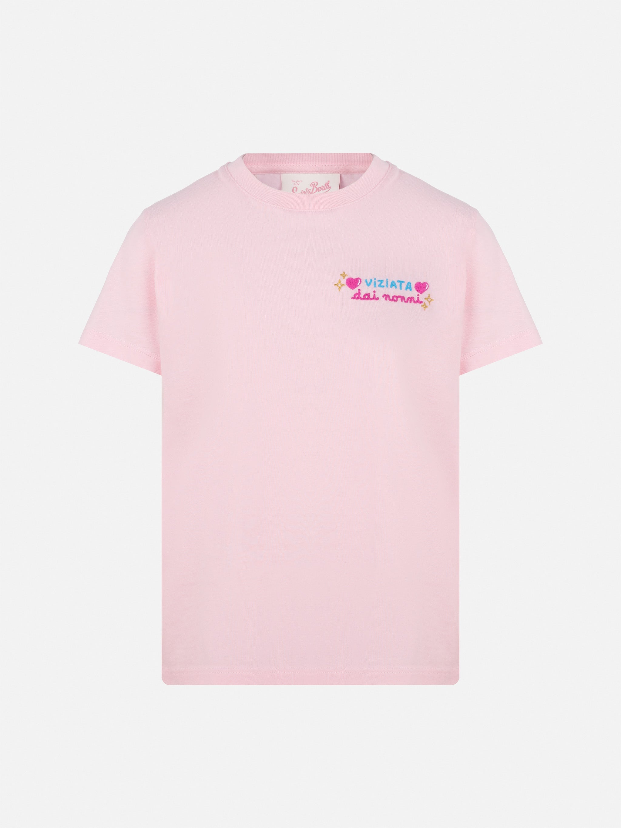 Elly Cotton Jersey Crewneck T-Shirt With Vado Dai Nonni Embroidery Pink