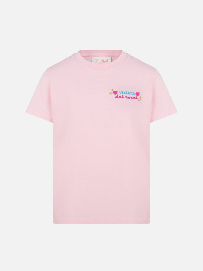 Elly Cotton Jersey Crewneck T-Shirt With Vado Dai Nonni Embroidery Pink