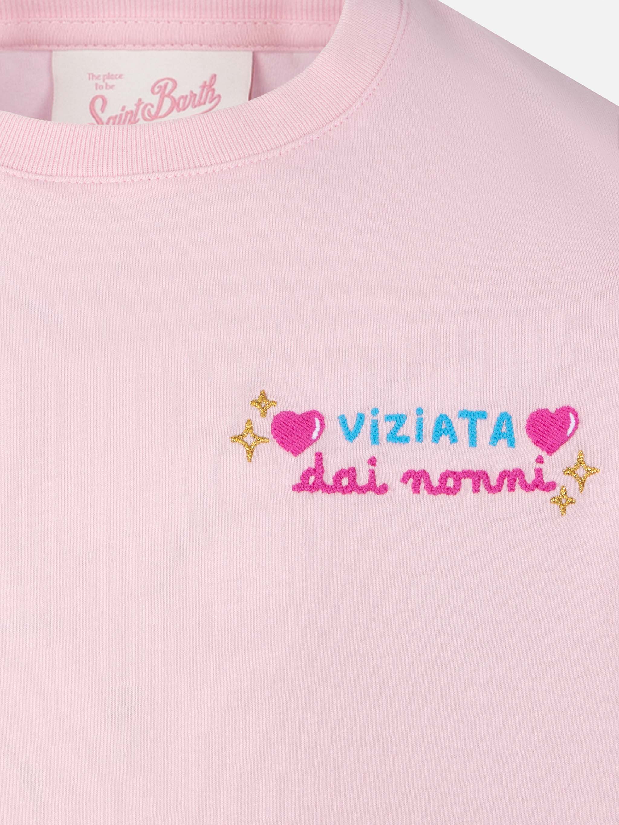 Elly Cotton Jersey Crewneck T-Shirt With Vado Dai Nonni Embroidery Pink
