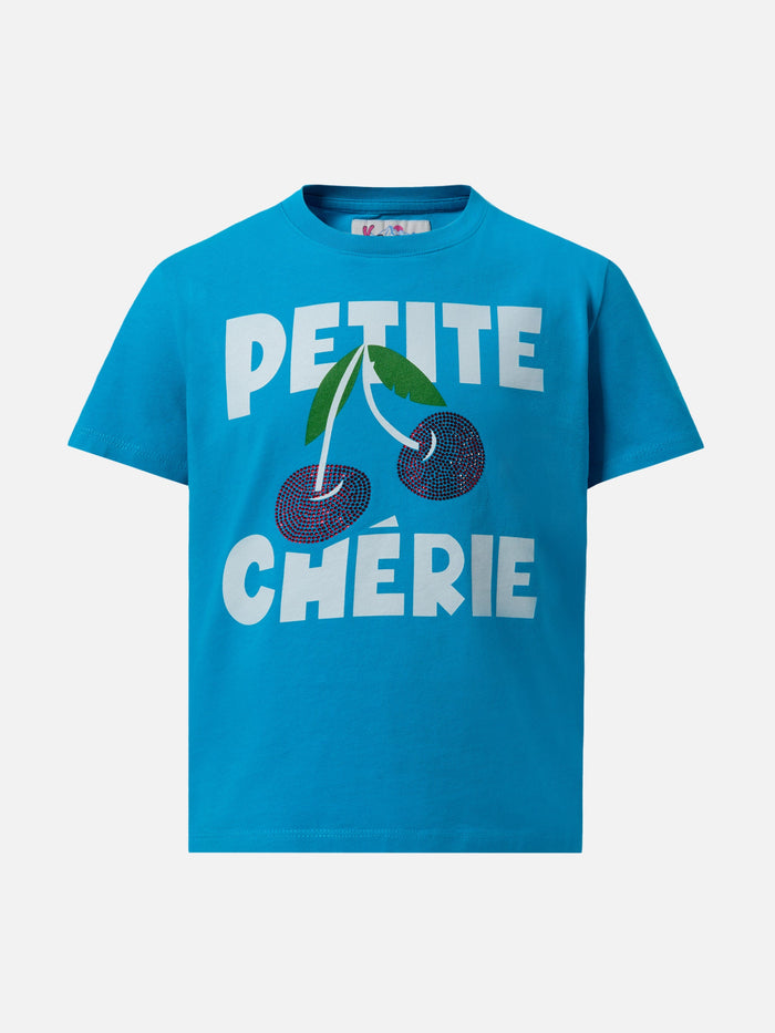 Heavy Cotton T-Shirt Elly With Cherry Rhinestone Embellishment Sky