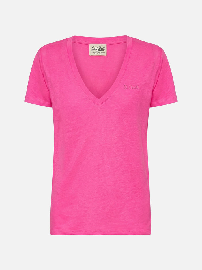 Linen Jersey Fluo Pink V-Neck T-Shirt Eloise