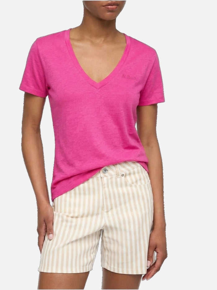 Linen Jersey Fluo Pink V-Neck T-Shirt Eloise __single__