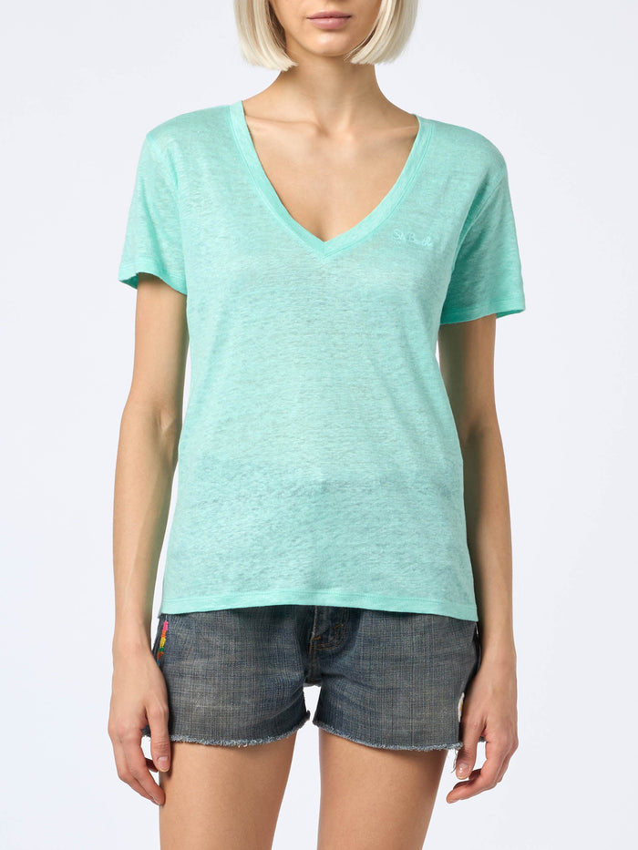 Eloise Sage Green Linen Jersey T-Shirt With Embroidery