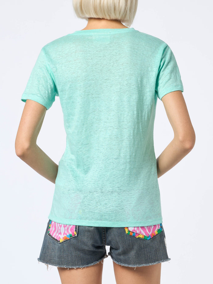 Eloise Sage Green Linen Jersey T-Shirt With Embroidery