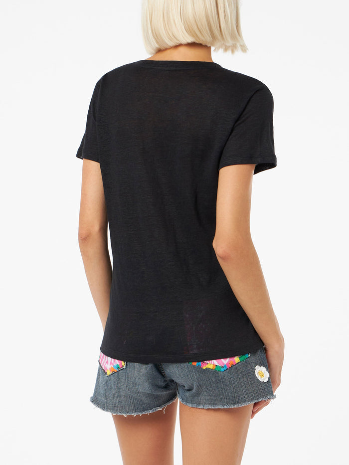 Linen Jersey Black V-Neck T-Shirt Eloise