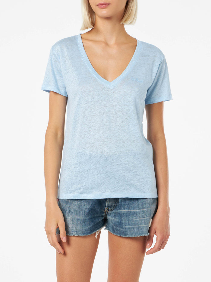 Linen Jersey Light Blue V-Neck T-Shirt Eloise Sky