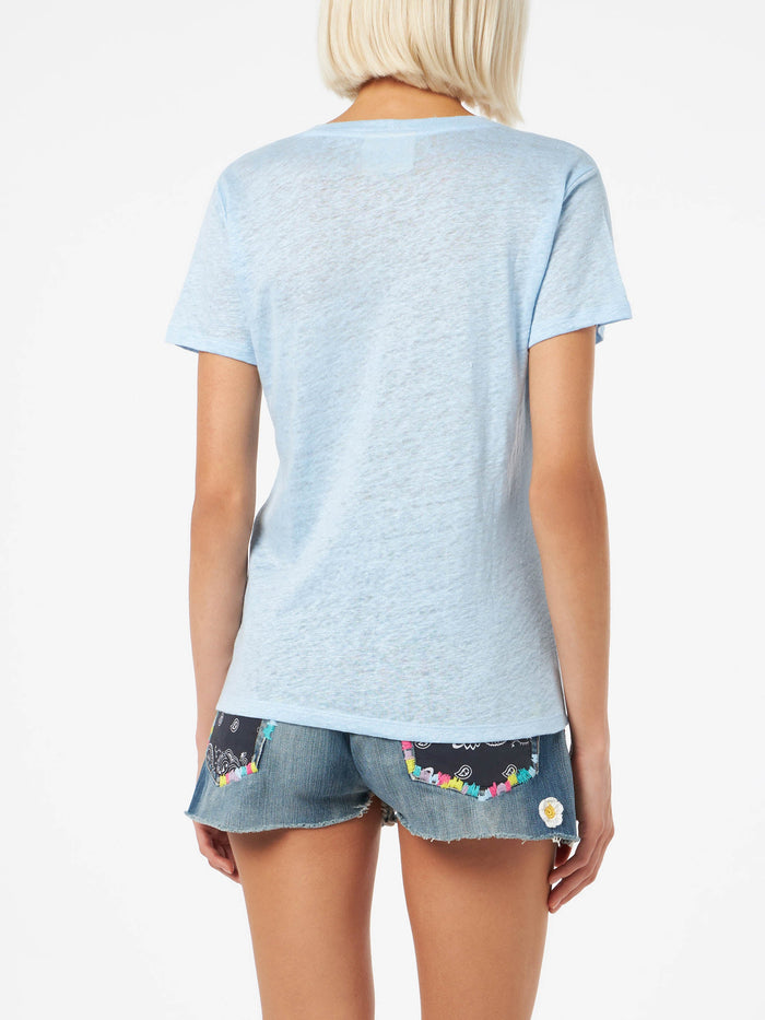 Linen Jersey Light Blue V-Neck T-Shirt Eloise Sky