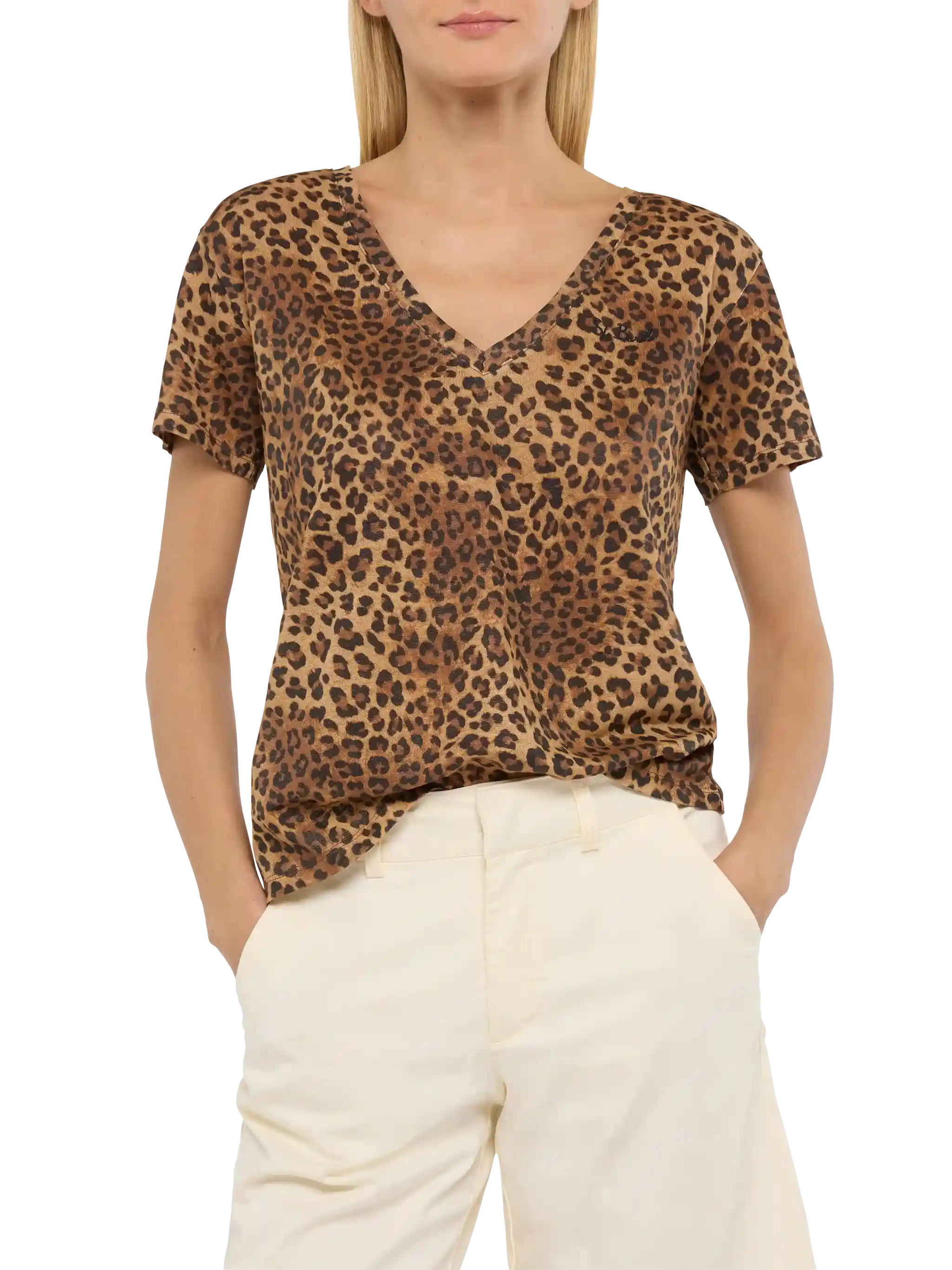 Linen Jersey V-Neck T-Shirt Eloise With Animalier Print Brown