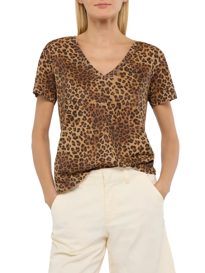 Linen Jersey V-Neck T-Shirt Eloise With Animalier Print Brown