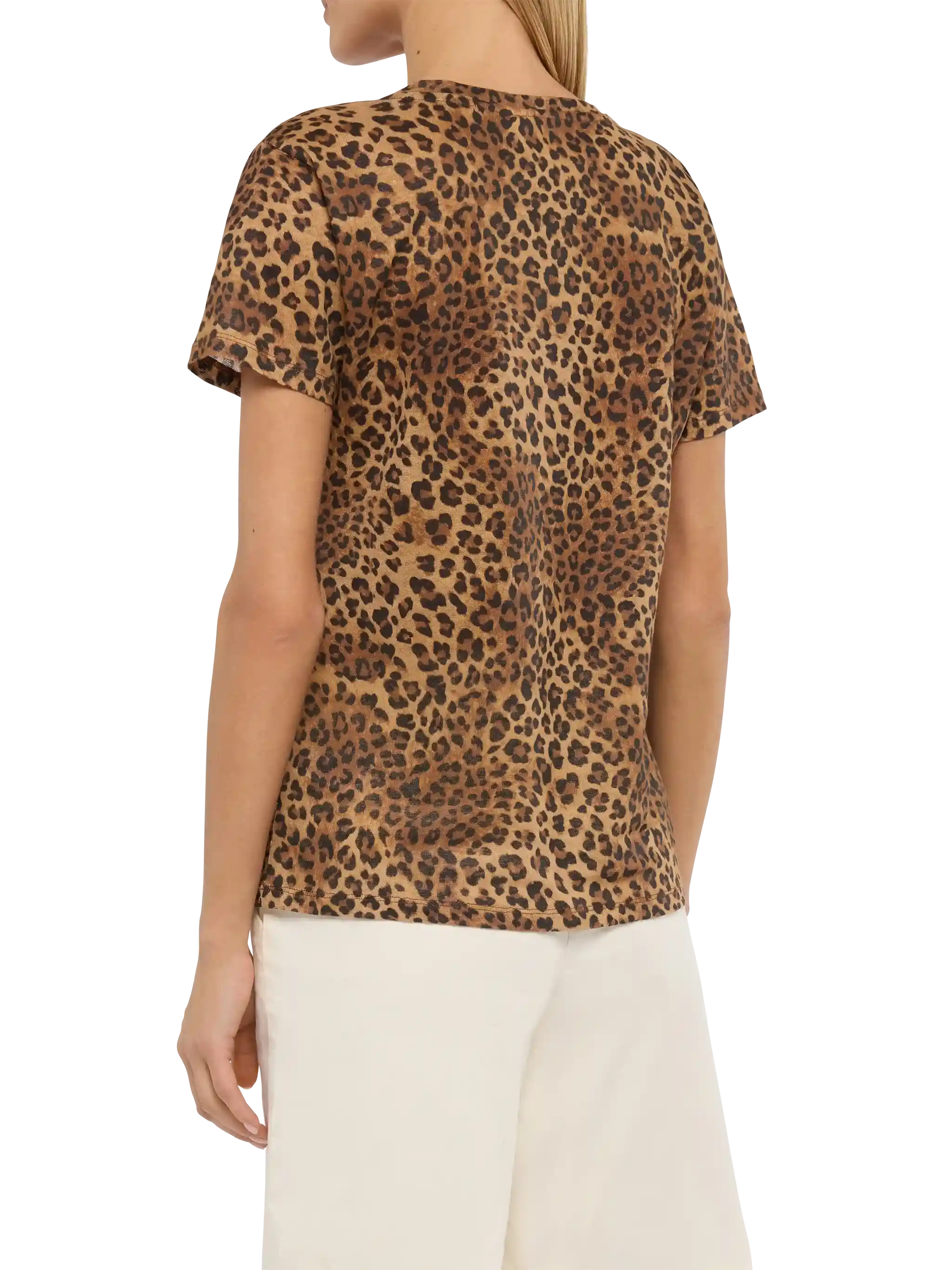 Linen Jersey V-Neck T-Shirt Eloise With Animalier Print Brown