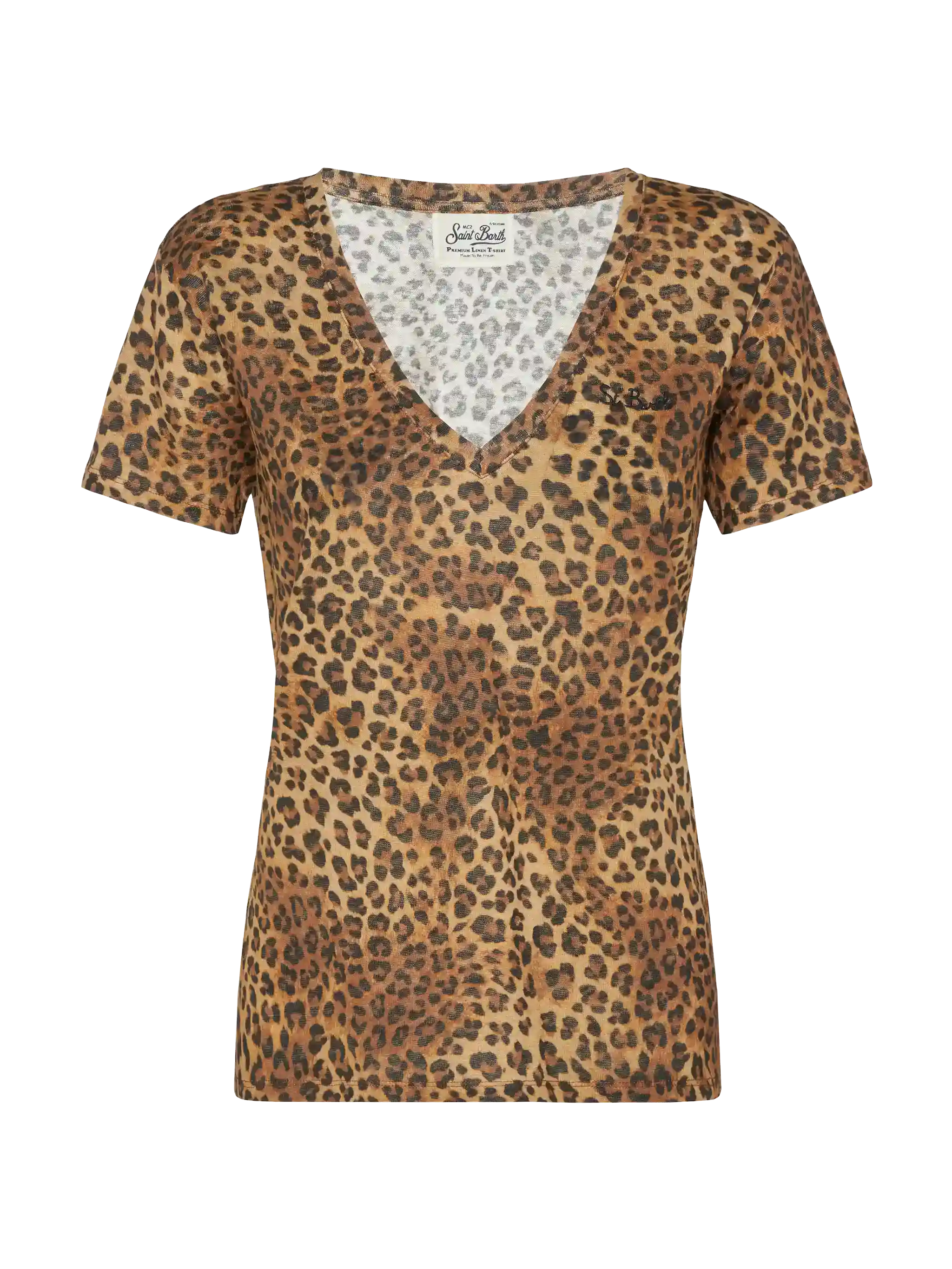 Linen Jersey V-Neck T-Shirt Eloise With Animalier Print Brown