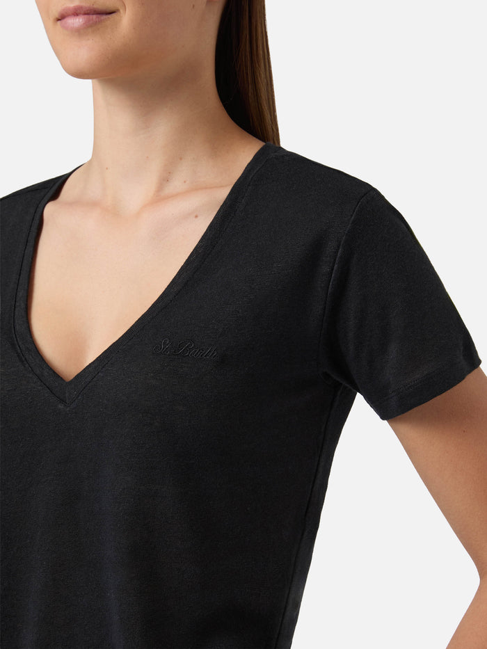 Black Linen Eloise T-Shirt With Embroidered Logo