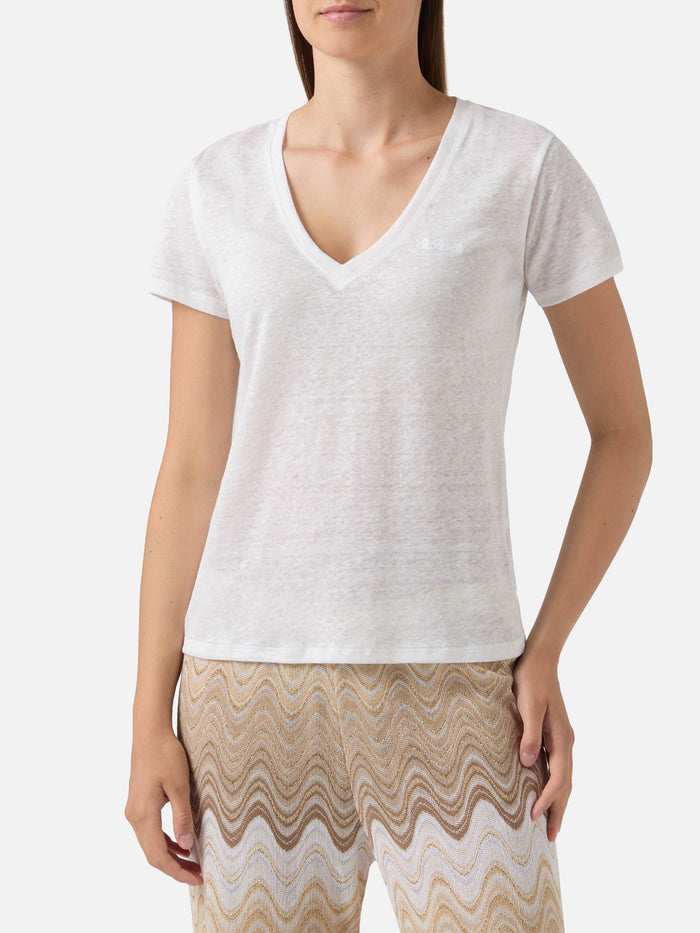 White Linen Eloise T-Shirt With Embroidered Logo