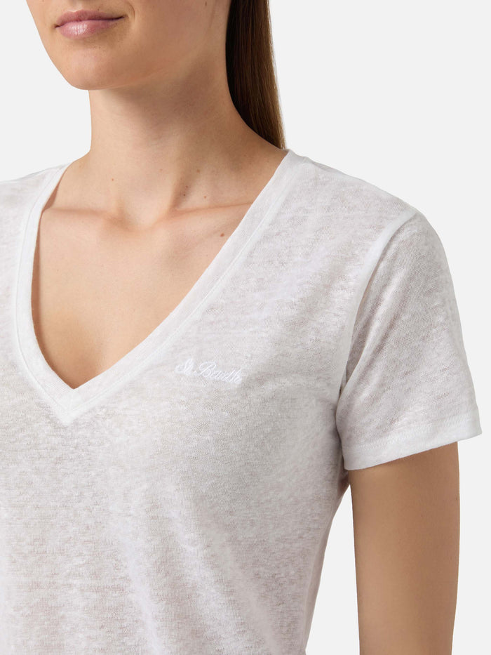 White Linen Eloise T-Shirt With Embroidered Logo