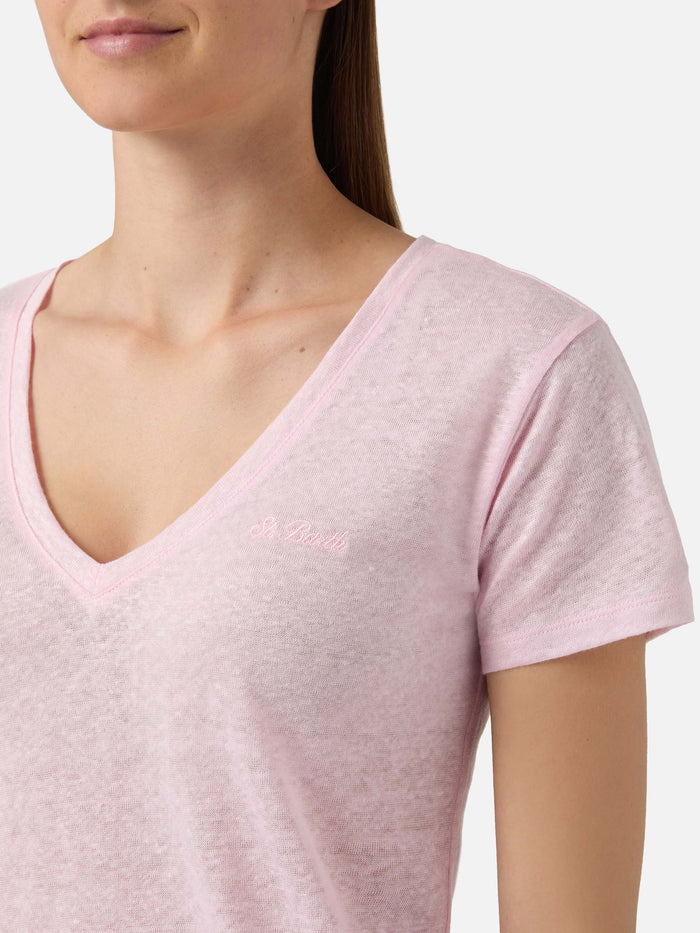 Pink Linen Eloise T-Shirt With Embroidered Logo