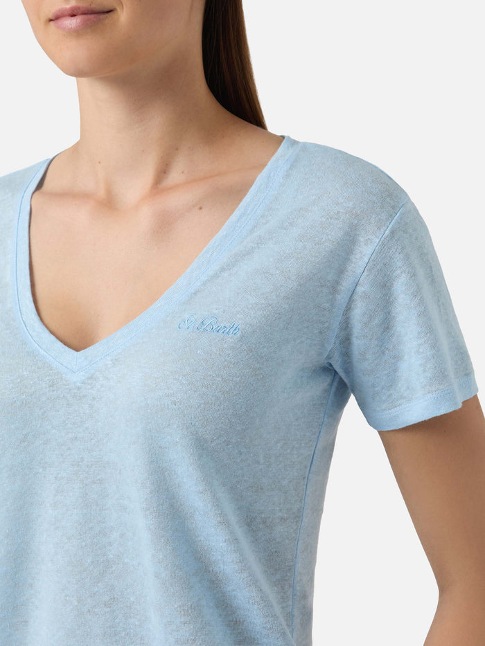 Light Blue Linen Eloise T-Shirt With Embroidered Logo