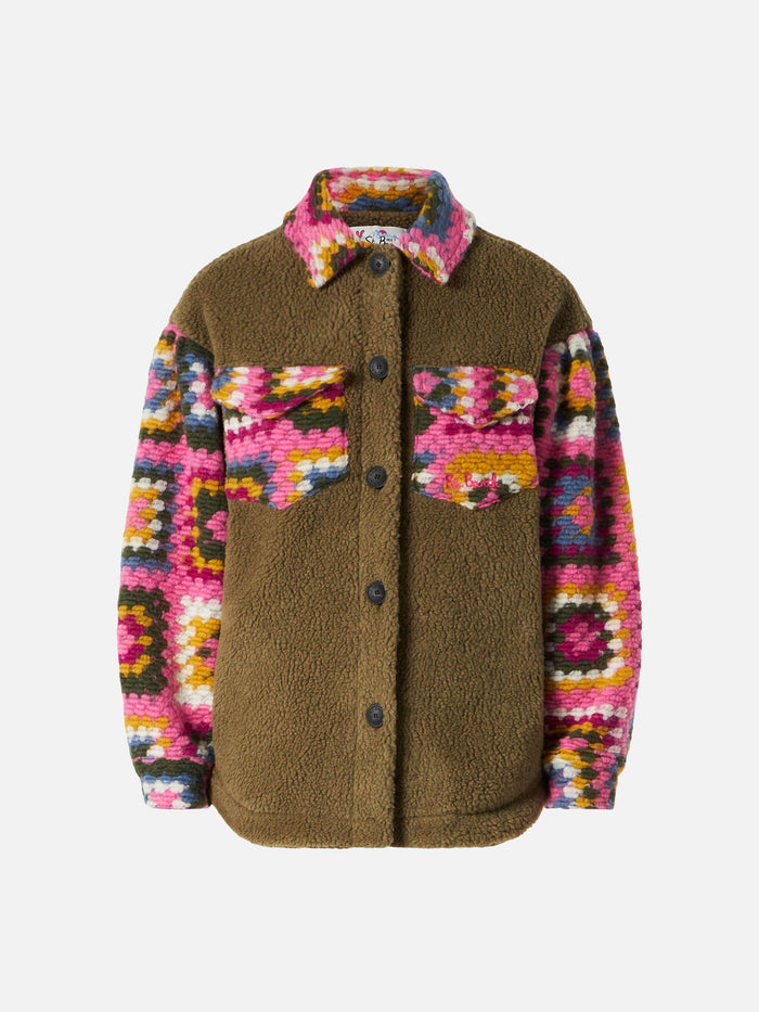 Khaki Green Overshirt Elys With Crochet Sleeves Jacket