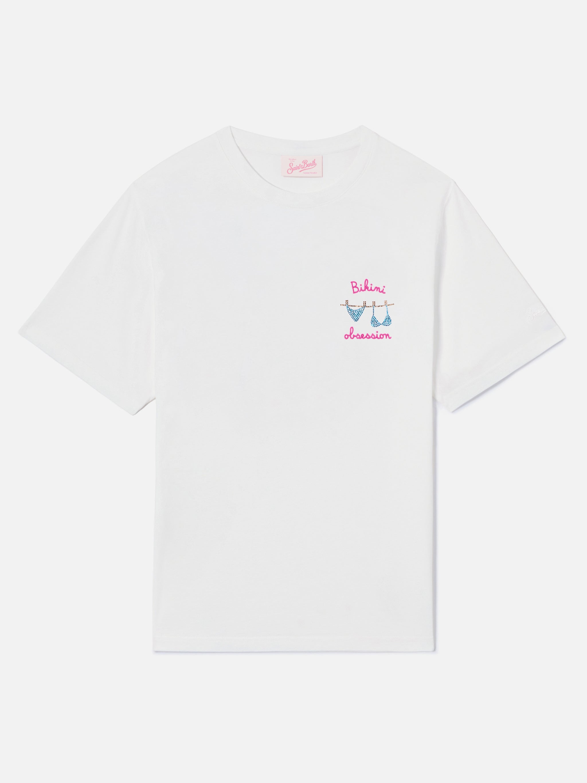 White Emilie T-Shirt With Bikini Obsession Embroidery And Rhinestones