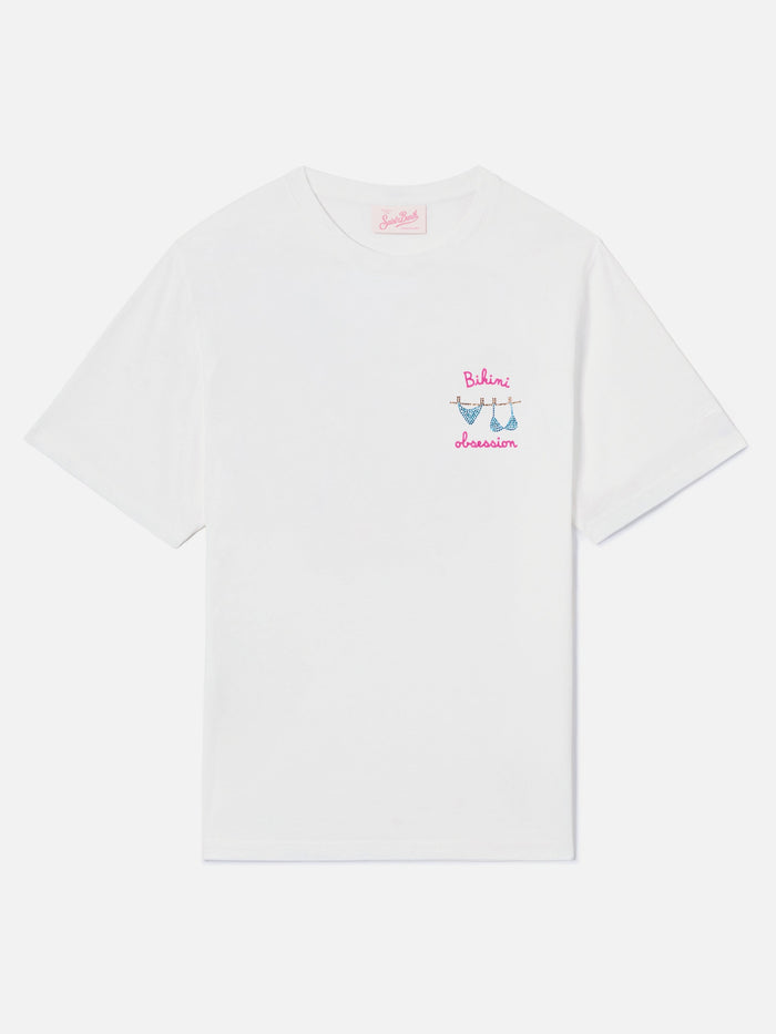White Emilie T-Shirt With Bikini Obsession Embroidery And Rhinestones