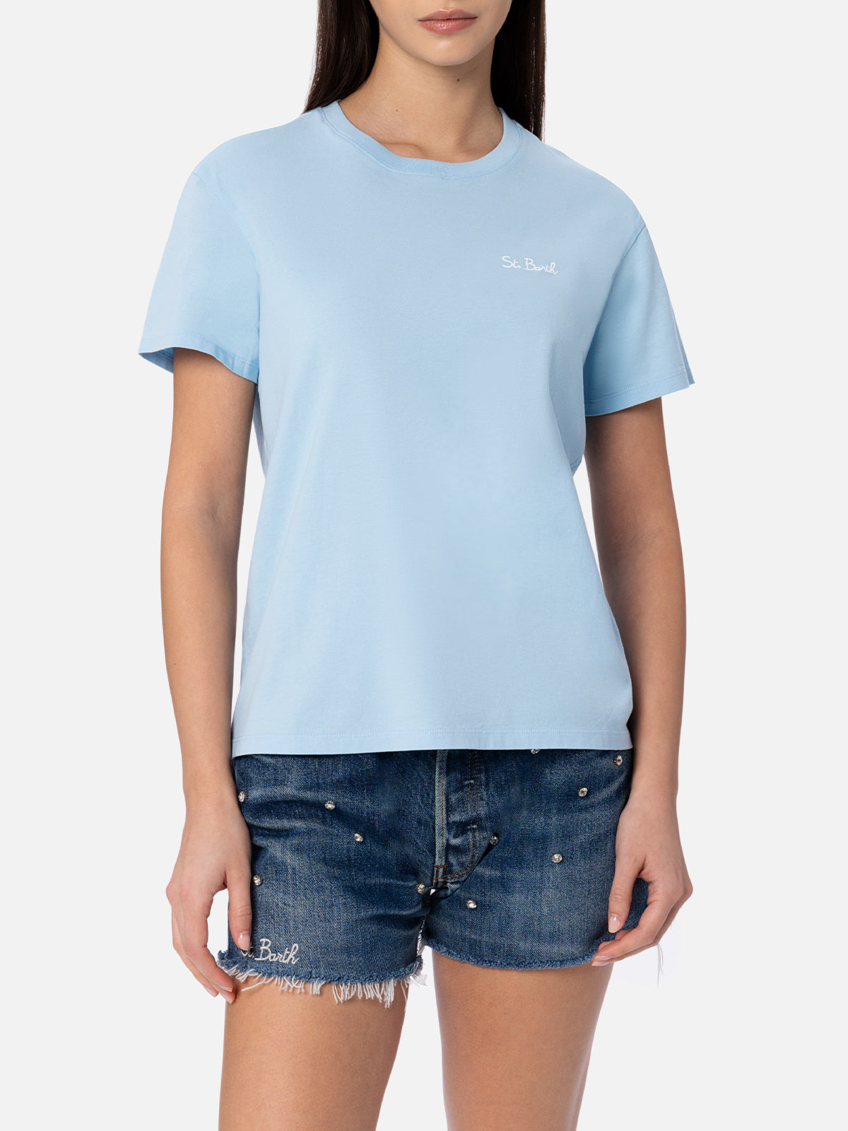 Emilie Light Blue Cotton T-Shirt With Logo Embroidery Sky