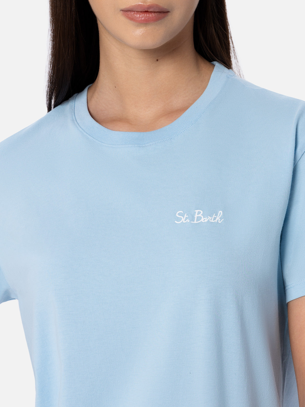 Emilie Light Blue Cotton T-Shirt With Logo Embroidery Sky