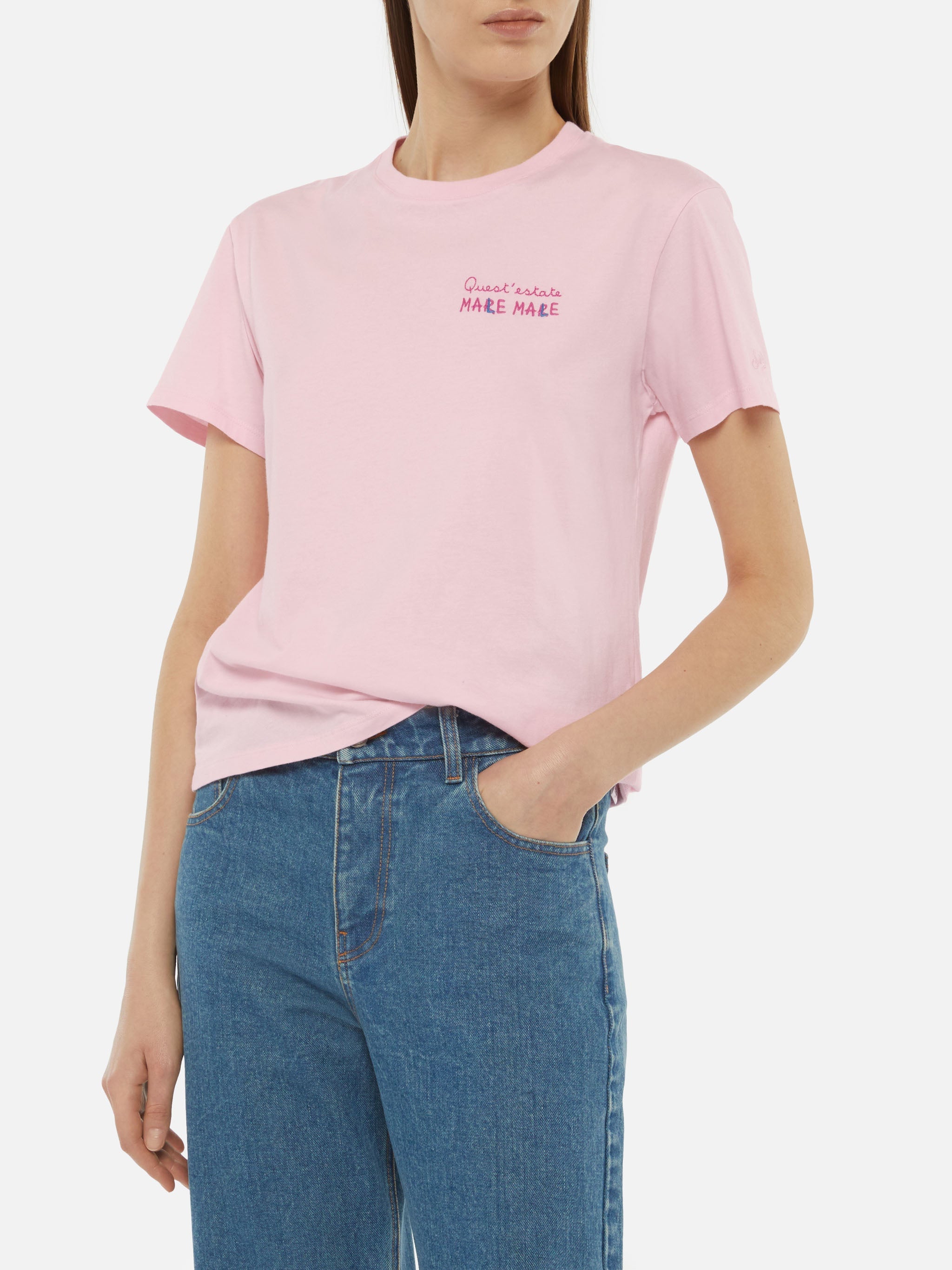 Emilie Cotton T-Shirt With Mare Male Embroidery Pink