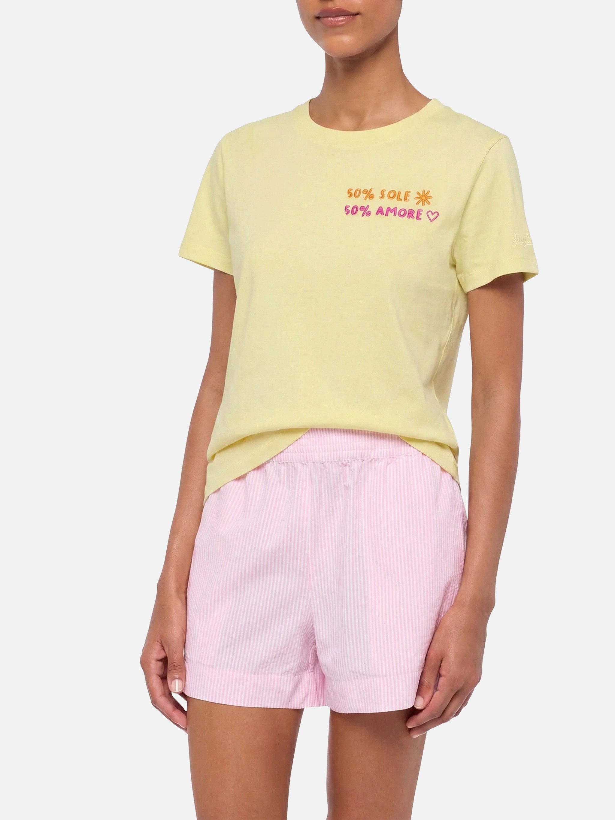 Emilie Yellow Cotton T-Shirt With Sole Amore Embroidery
