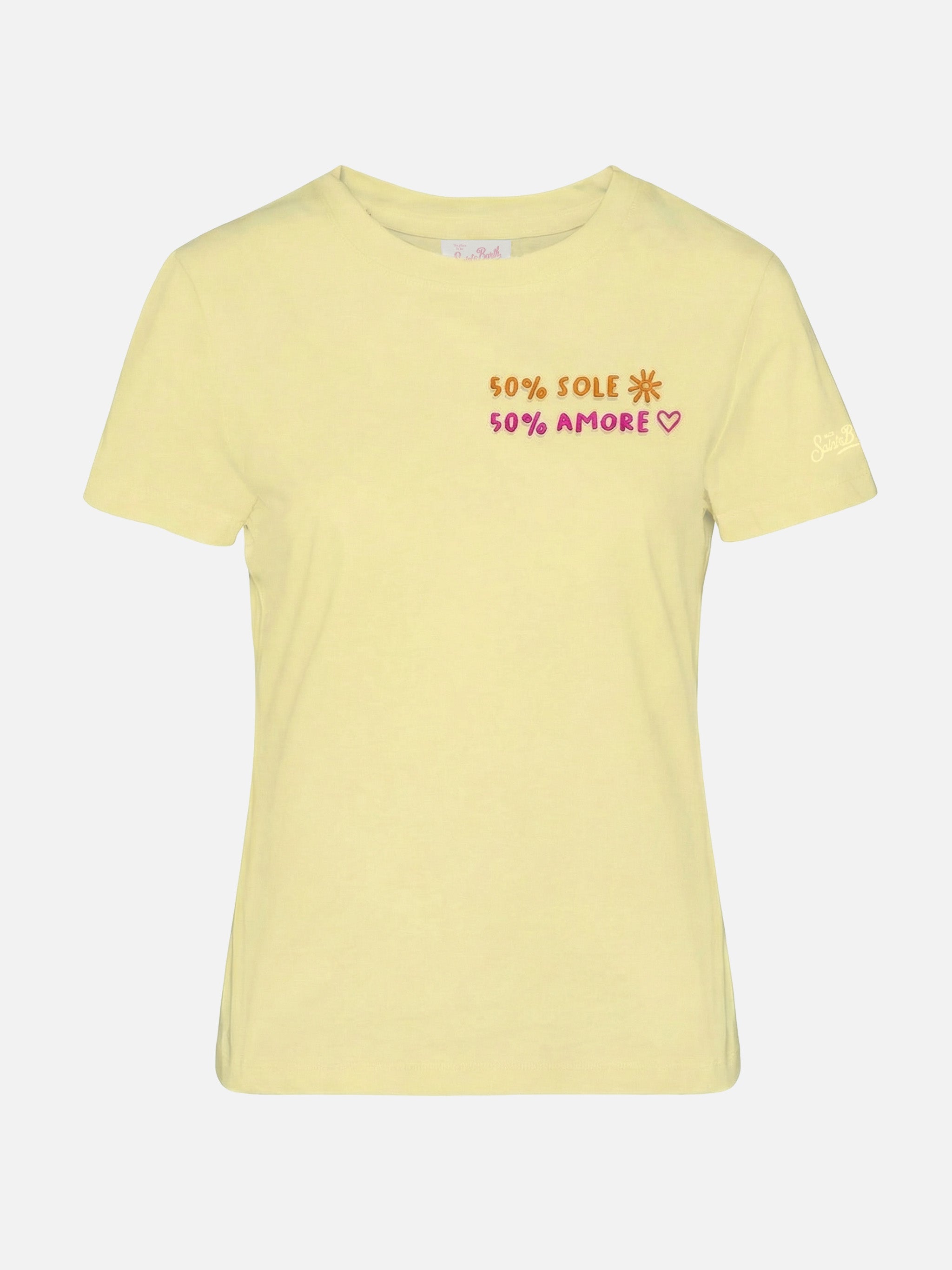 Emilie Yellow Cotton T-Shirt With Sole Amore Embroidery