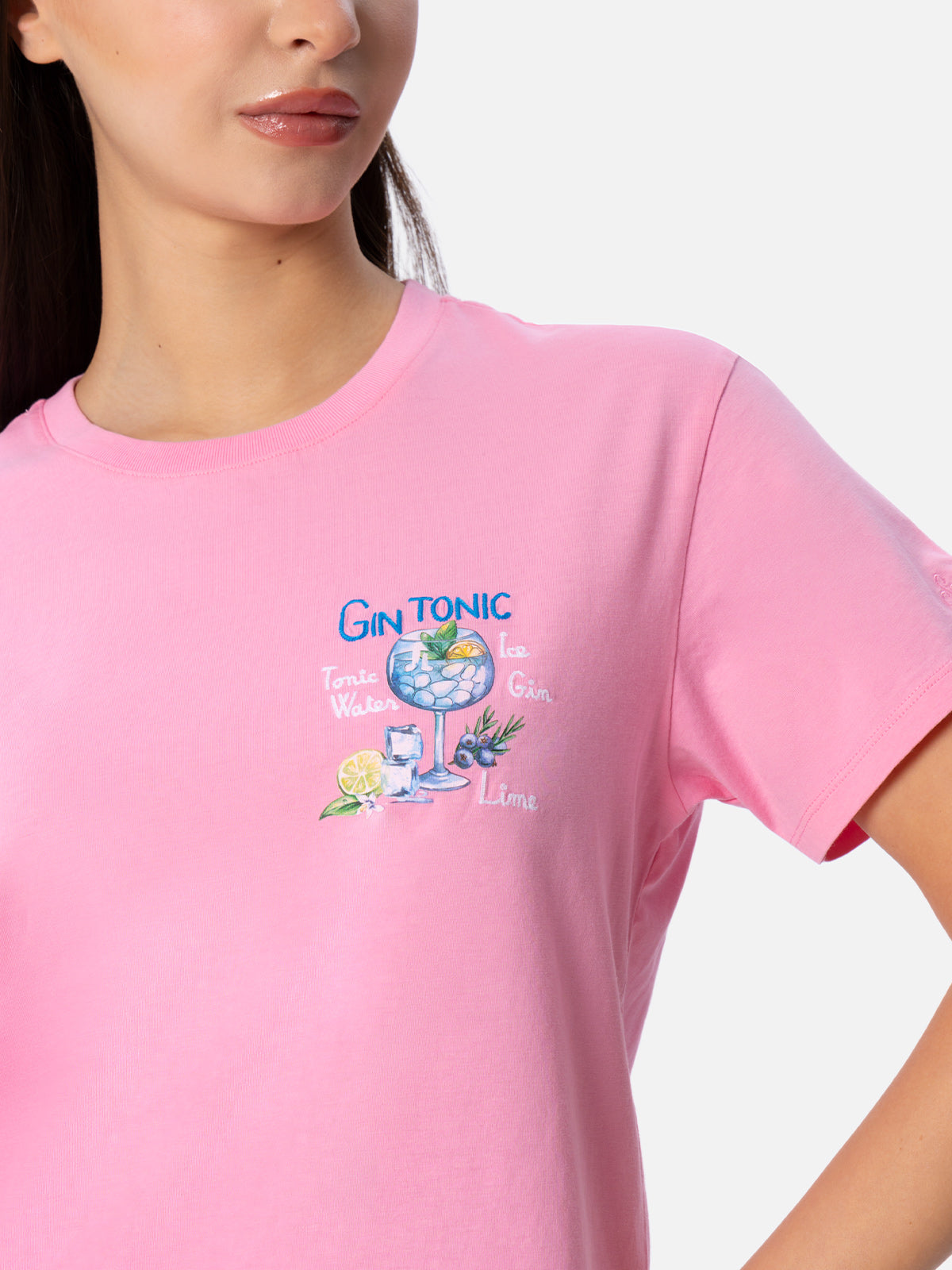 Cotton Jersey T-Shirt Emilie With Gin Tonic Cocktail Embroidery __single__