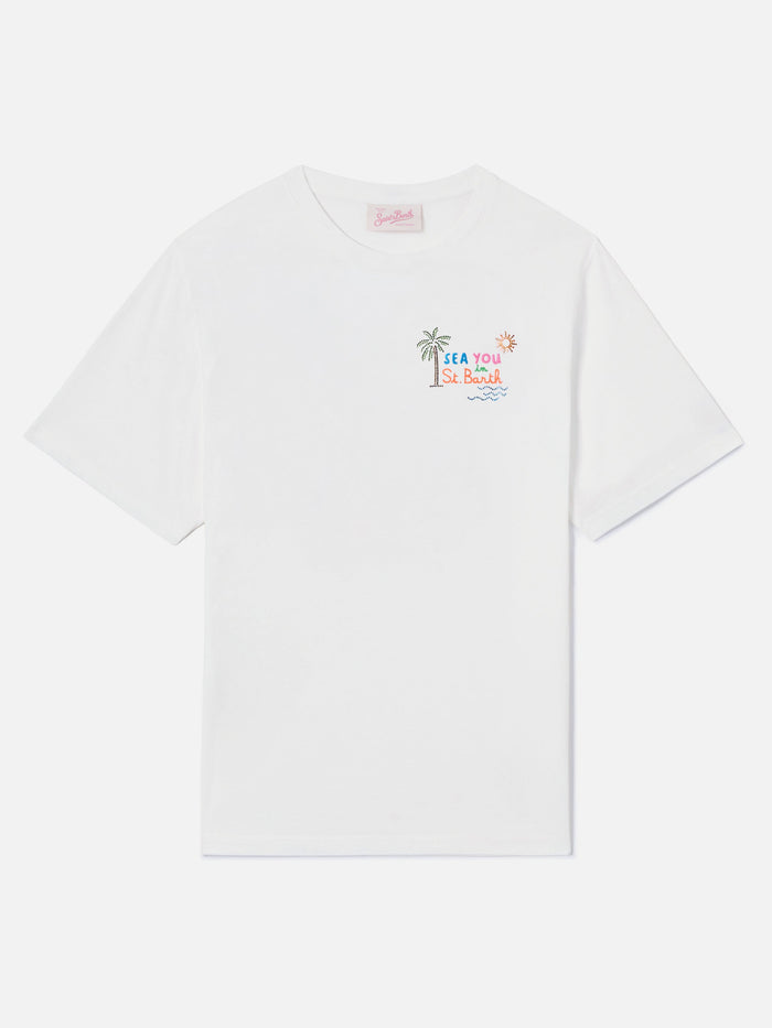 White Emilie T-Shirt With Sea You St. Barth Embroidery And Rhinestones