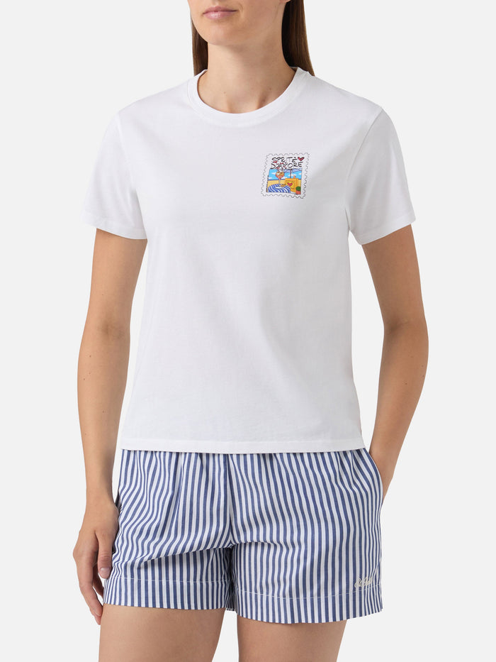 White Emilie T-Shirt With Spritzo Damore Print
