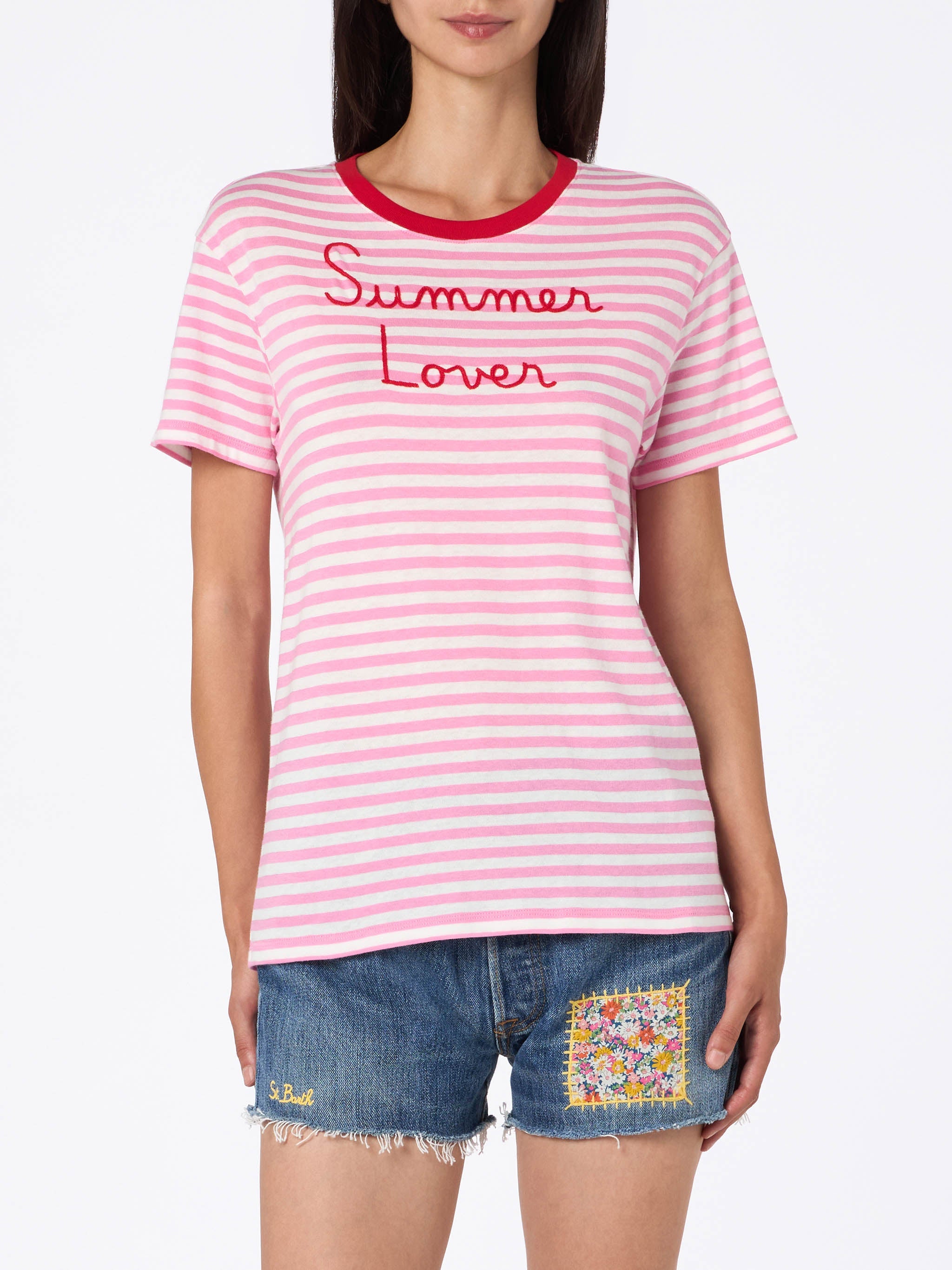 Striped Emilie Cotton T-Shirt With Summer Lover Embroidery Pink