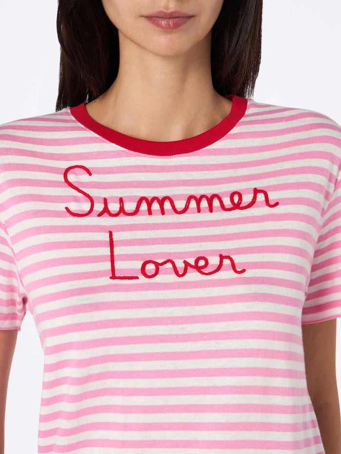 Striped Emilie Cotton T-Shirt With Summer Lover Embroidery Pink
