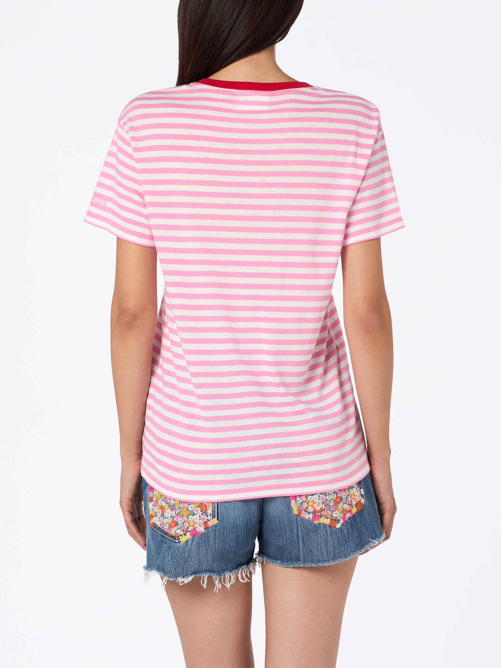 Striped Emilie Cotton T-Shirt With Summer Lover Embroidery Pink