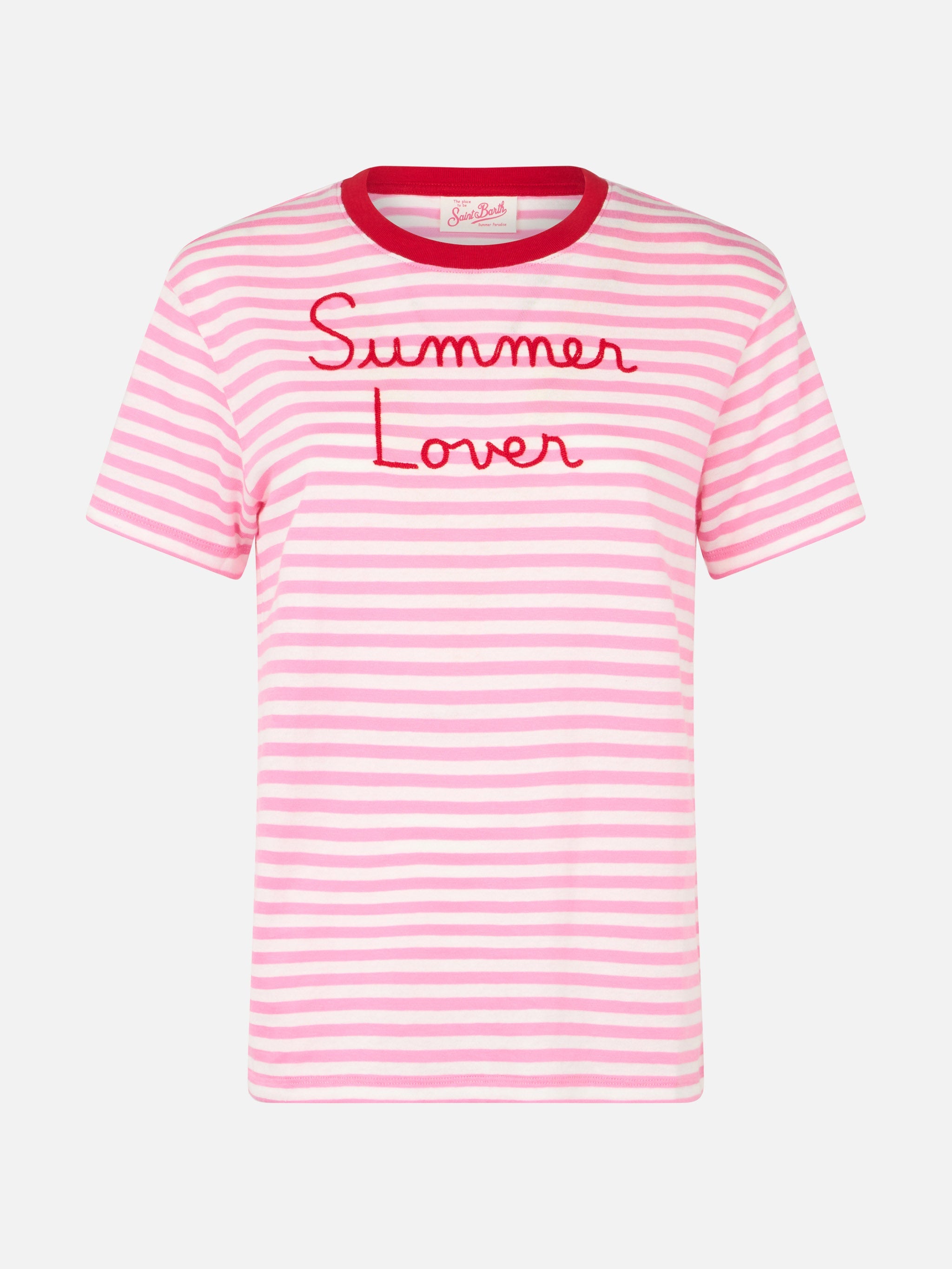 Striped Emilie Cotton T-Shirt With Summer Lover Embroidery Pink