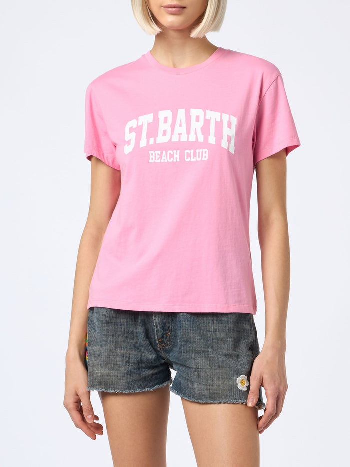 Emilie Cotton T-Shirt With St. Barth Beach Club Print Pink